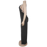 V Neck Cross Hollow Out Split Maxi Dress BY-7802