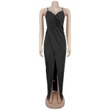 V Neck Cross Hollow Out Split Maxi Dress BY-7802