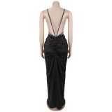 V Neck Cross Hollow Out Split Maxi Dress BY-7802