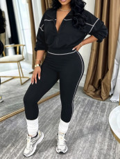 Solid Color Long Sleeve Zipper 2 Piece Pants Set MIL-L408