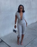 Deep V Neck Short Sleeve Two Piece Pants Set GTYZ-7621