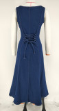 Sleeveless Square Neck Denim Long Dress GDAM-218916