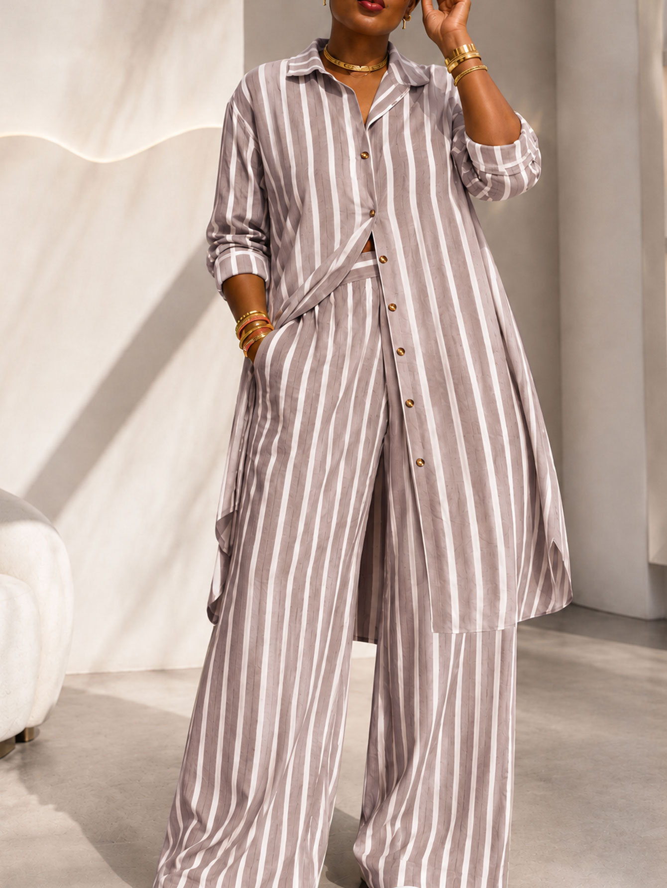 2026 Plus Size Stripe Long Sleeve Two Piece Pants Set HNIF-DJP007