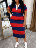 Plus Size Contrast Color Lapel Neck Long Dress HNIF-DJP006