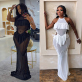 Ruffles Sleeveless Mesh See Through Maxi Dress GTYZ-7620