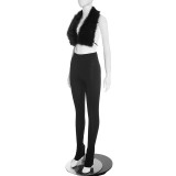 Halterneck Fur Backless Two Piece Pants Set MXBF-J26ST383
