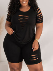 Plus Size Hollow Out Short Sleeve Shorts 2 Piece Set HNIF-DJP005