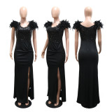 Feather Patchwork Sequin Split Maxi Dress CYA-902502