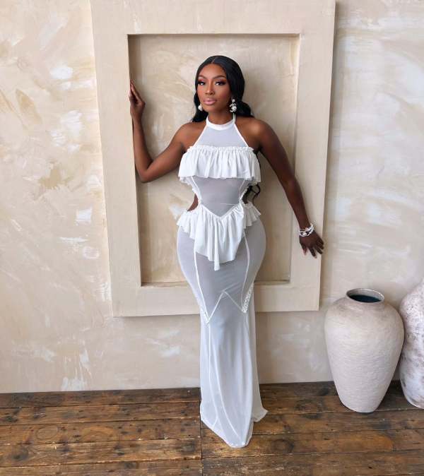 Ruffles Sleeveless Mesh See Through Maxi Dress GTYZ-7620