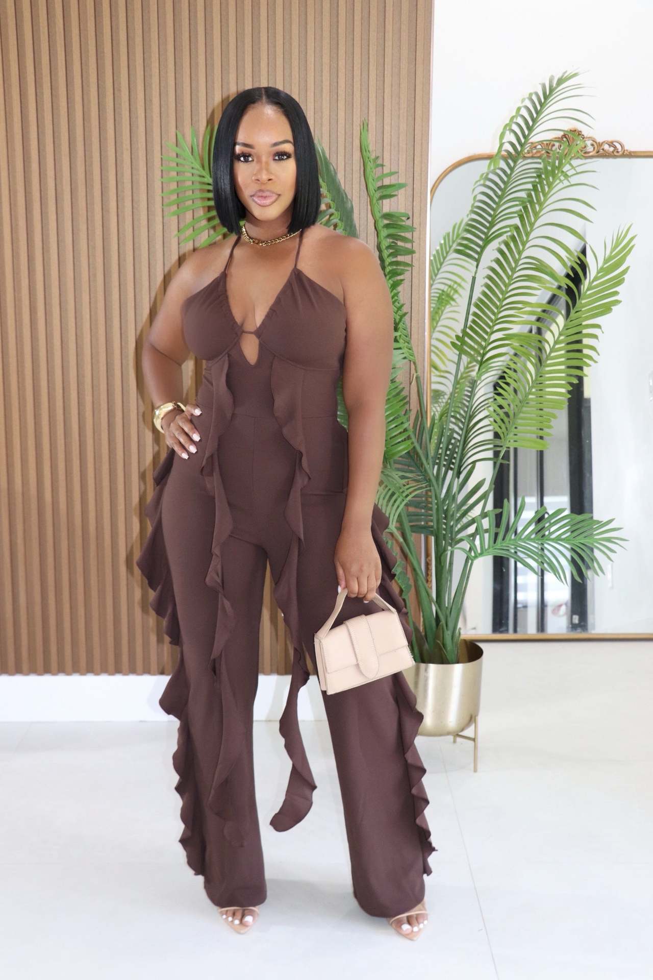 2026 Halterneck Deep V Neck Ruffles Jumpsuit GTYZ-7626 | DF - www