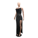 Solid Color Hot Drill Off Shoulder Maxi Dress CYA-902491
