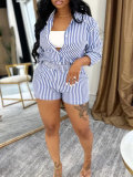 Stripe Long Sleeve Shirt Two Piece Shorts Set HNIF-HX002