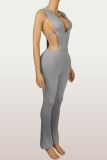 Deep V Neck Sleeveless BodySuit Two Piece Pants Set  YWXS-K25L916