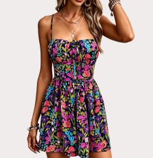 Flower Printed Backless Sling Mini Dress SHD-8522