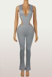 Deep V Neck Sleeveless BodySuit Two Piece Pants Set  YWXS-K25L916