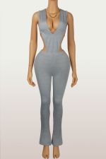 Deep V Neck Sleeveless BodySuit Two Piece Pants Set  YWXS-K25L916