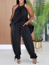 Halterneck Backless Solid Two Piece Pants Set HNIF-GY341