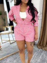 Stripe Long Sleeve Shirt Two Piece Shorts Set HNIF-HX002
