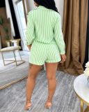 Stripe Long Sleeve Shirt Two Piece Shorts Set HNIF-HX002