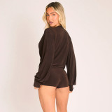 Lantern Sleeve Solid Color Two Piece Shorts Set MXBF-J26ST411