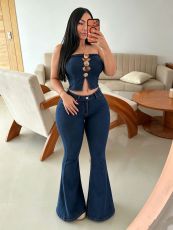 Sexy Wrap Chest Slit Top Micro Flare Pants Denim Suit GADE-6796
