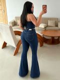 Sexy Wrap Chest Slit Top Micro Flare Pants Denim Suit GADE-6796