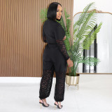 Lace Patchwork Long Sleeve Two Piece Pants Set MXBF-D26ST356