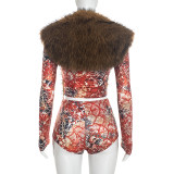 Fur Neck Patchwork Hollow Out Short Suit MXBF-Y26ST302