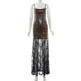 Leopard Printed Patchwork Lace Maxi Dress XEF-K6D17185A