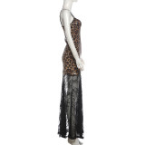 Leopard Printed Patchwork Lace Maxi Dress XEF-K6D17185A