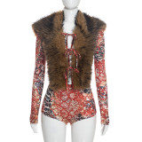 Fur Neck Patchwork Hollow Out Short Suit MXBF-Y26ST302