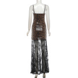 Leopard Printed Patchwork Lace Maxi Dress XEF-K6D17185A
