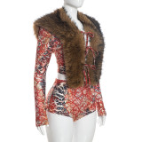 Fur Neck Patchwork Hollow Out Short Suit MXBF-Y26ST302