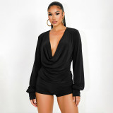 Lantern Sleeve Solid Color Two Piece Shorts Set MXBF-J26ST411