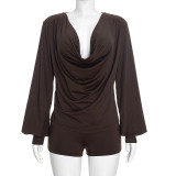 Lantern Sleeve Solid Color Two Piece Shorts Set MXBF-J26ST411