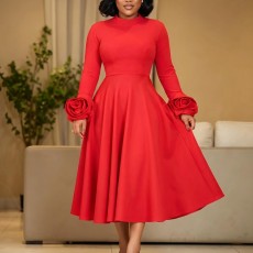 Plus Size 3D Flower Long Sleeve Midi Dress GATE-645