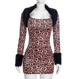 Leopard Printed Long Sleeve Coat+Mini Dress 2 Piece Set GDSF-Q26ST215
