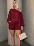 Slash Shoulder Bat Sleeve Two Piece Shorts Set HNIF-CH603