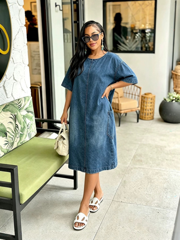 Plus Size Half Sleeve Loose Denim Midi Dress GYLN-6480