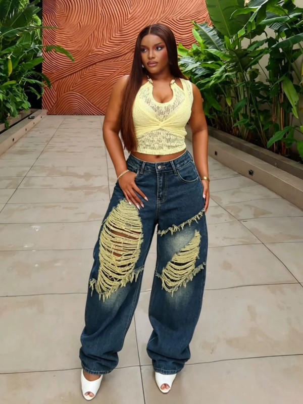 Plus Size Wash Holes Loose Jeans GYLN-0391
