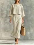 Long Sleeve Solid Color Top Split Long Skirt Suit HNIF-SR002