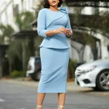 Plus Size Soldi Color 3/4 Sleeve Midi Dress GMLF-3381