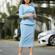 Plus Size Soldi Color 3/4 Sleeve Midi Dress GMLF-3381