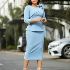 Plus Size Soldi Color 3/4 Sleeve Midi Dress GMLF-3381