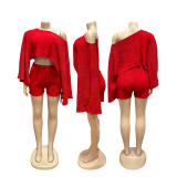 Slash Shoulder Bat Sleeve Two Piece Shorts Set HNIF-CH603