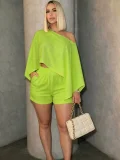 Slash Shoulder Bat Sleeve Two Piece Shorts Set HNIF-CH603