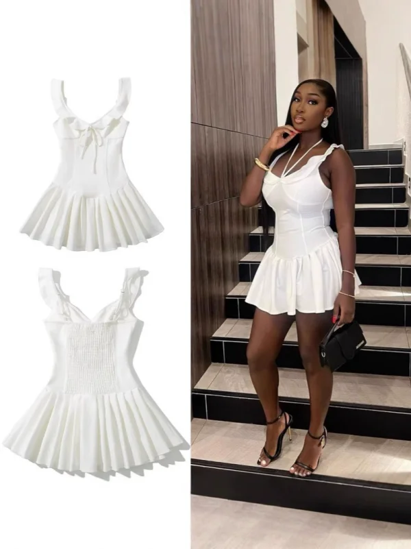 V Neck Solid Color Backless Mini Dress GMYU-9512