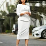 Plus Size Soldi Color 3/4 Sleeve Midi Dress GMLF-3381