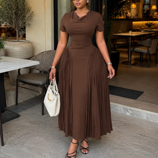 Plus Size Solid Color Short Sleeve Ruched Maxi Dress GCZF-8672