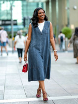 Plus Size V Neck Loose Sleeveless Denim Midi Dress GYLN-6460